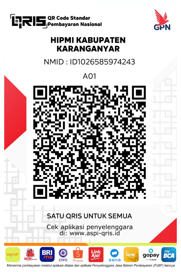 Kode QRIS HIPMI Kabupaten Karanganyar, NMID ID1026585974243, terminal A01